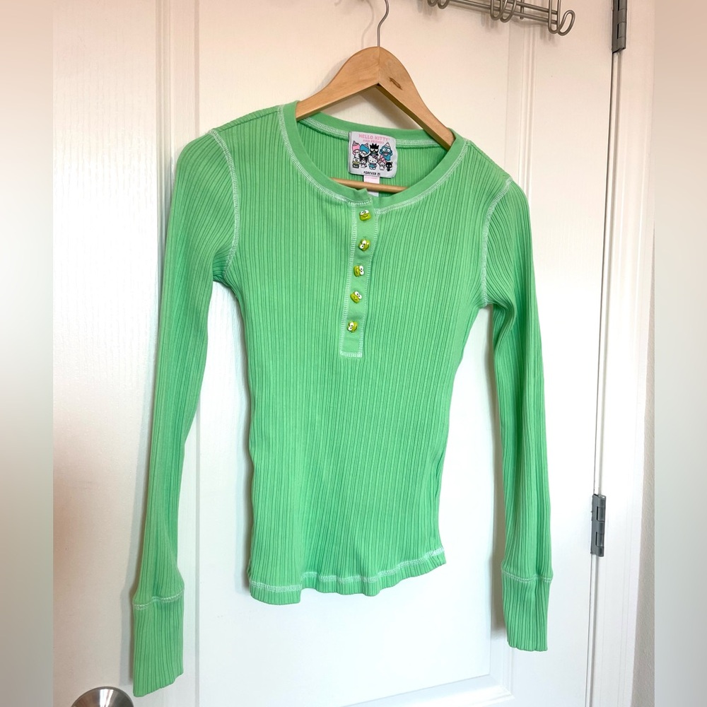 F21 x Hello Kitty & Friends Green Ribbed Long Sleeve Tee Keroppi Button Detail